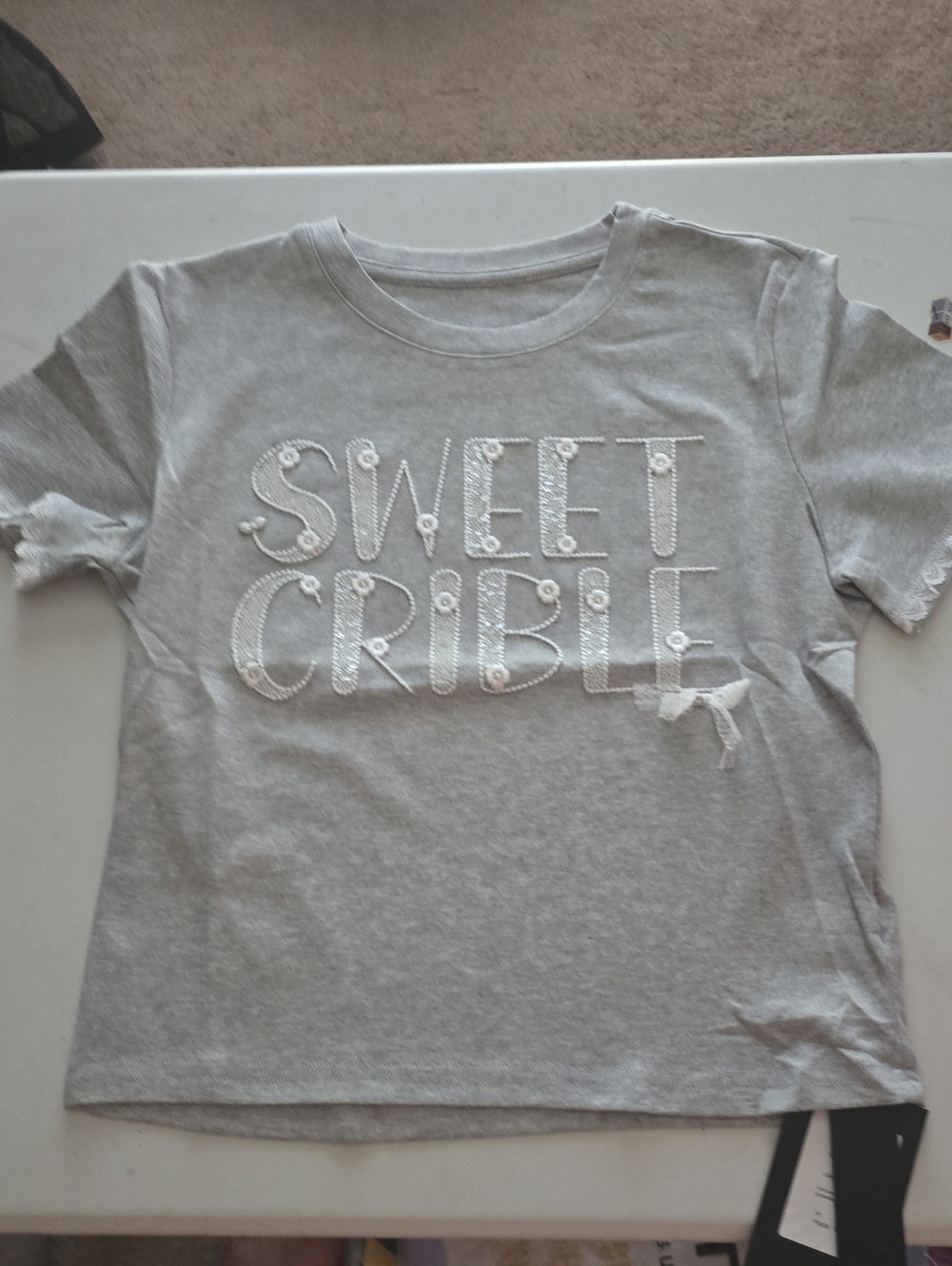 Girls' Gray Short Sleeve Tee with 'SWEET CRIBBLE' Embroidery